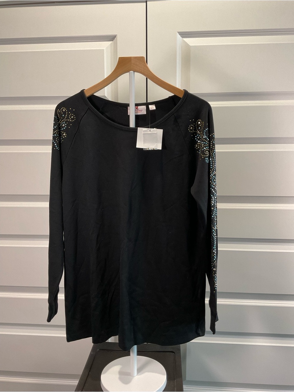 Studded Black Crewneck Sweatshirt with Sparkle Sleeve Detail
